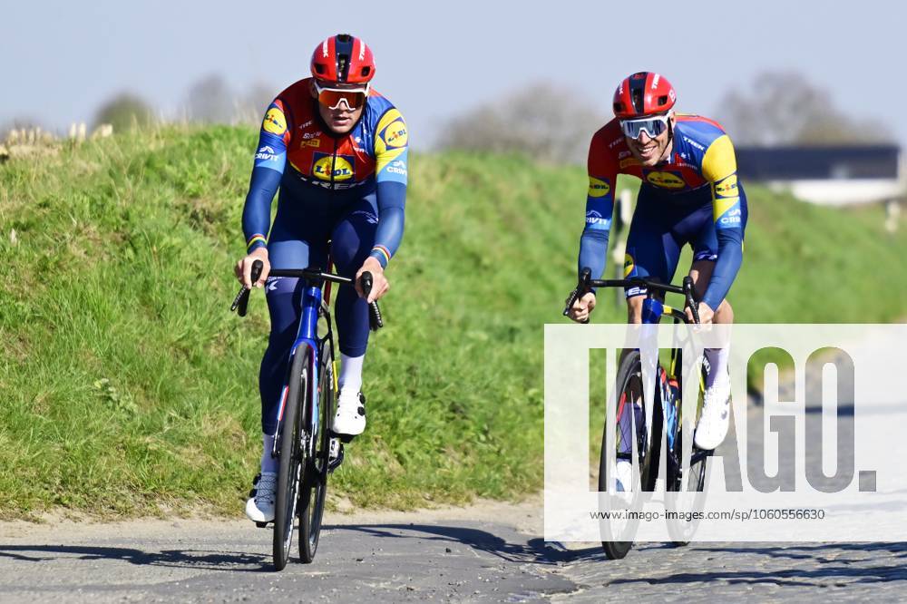 Danish Mads Pedersen of Lidl-Trek and Belgian Tim Declercq of Lidl-Trek pictured during a track reconaissance ahead of the Ronde van Vlaanderen Tour des Flandres Tour of Flanders cycling race, Thursday 03 April 2025. The 109th edition of the cycling race will take place on Sunday 06 April. DIRKxWAEM x118587754x