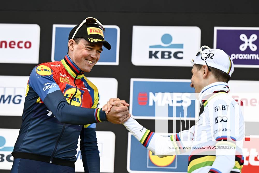 Danish Mads Pedersen of Lidl-Trek and Slovenian Tadej Pogacar of UAE Team Emirates pictured on the podium after the men s race of the Ronde van Vlaanderen Tour des Flandres Tour of Flanders one day cycling race, 268,9km from Brugge to Oudenaarde, Sunday 06 April 2025. ERICxLALMAND x119658502x