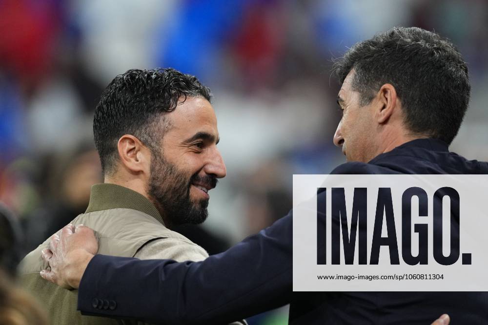 Man Utd head coach Ruben Amorim and Lyon coach Paulo Fonseca Olympique Lyonnais v Manchester United, ManU UEFA Europa League, Quarter Final, First Leg, Football, Groupama Stadium, Lyon, France - 10 Apr 2025