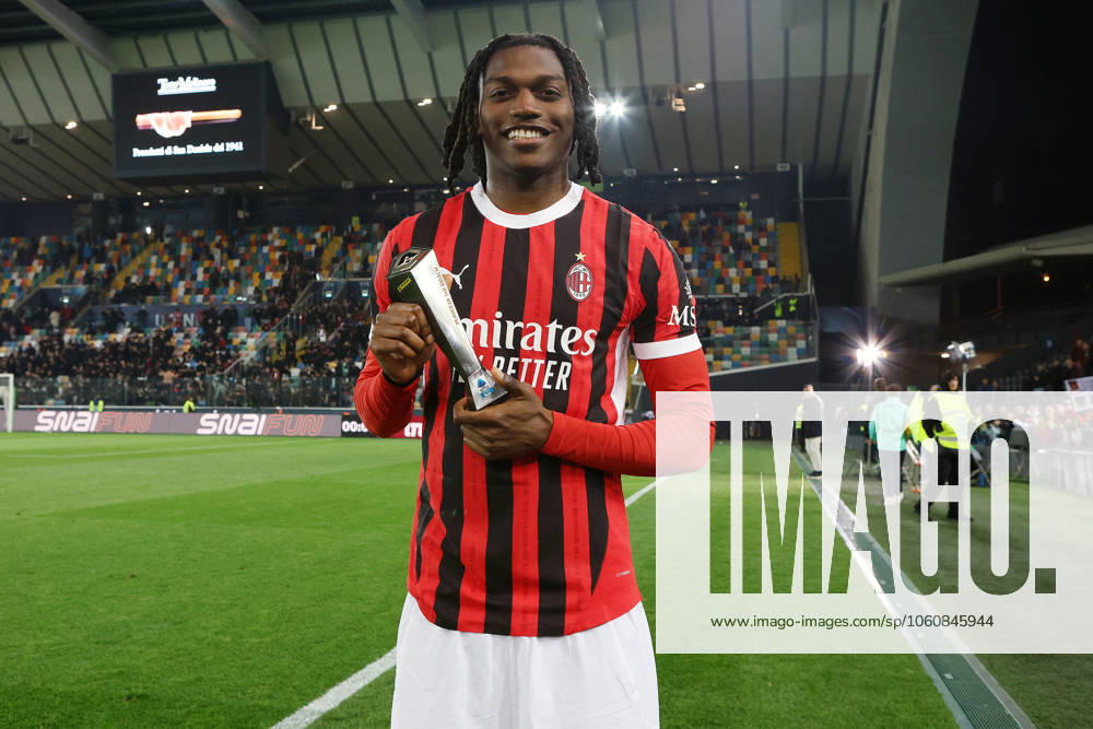 AC Milans Rafael Leao with Panini player of the match prize after the Serie A soccer match between Udinese and Milan at the Bluenergy Stadium in Udine, north east Italy - Friday, April 11,2025 - soccer