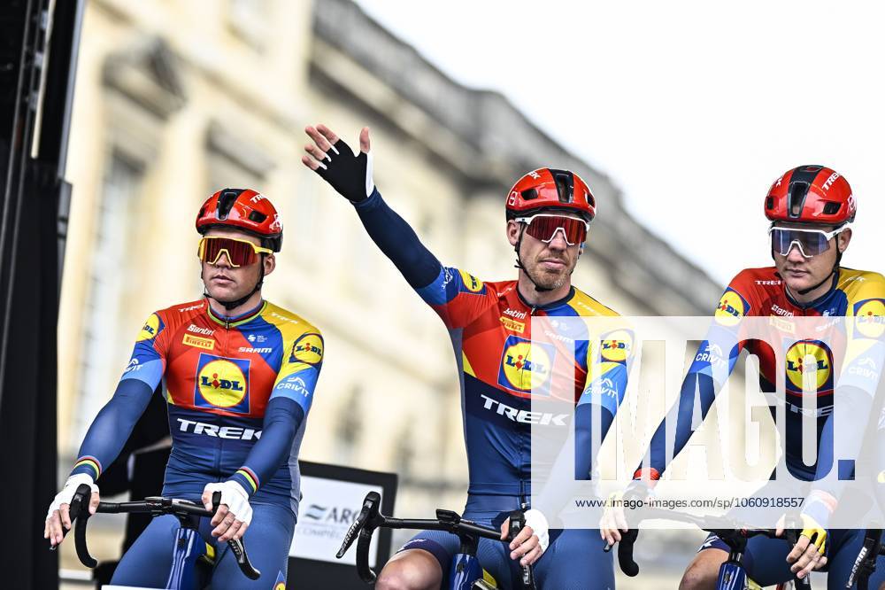 Danish Mads Pedersen of Lidl-Trek and Belgian Tim Declercq of Lidl-Trek pictured at the start of the men elite race of the Paris-Roubaix one day cycling race, 259,2 km from Compiegne to Roubaix, France, on Sunday 13 April 2025. JASPERxJACOBS x120699124x