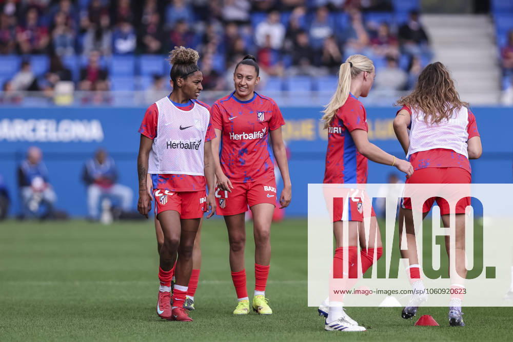 Luany da Silva and Fiamma Benite of Atletico de Madrid gestures during the Spanish Women league, Liga F, football match played between FC Barcelona, Barca and Atletico de Madrid at Johan Cruyff Stadium on April 13, 2025 in Sant Joan Despi, Spain. Sant Joan Despi Spain - ZUMAa181 20250413_zaa_a181_015