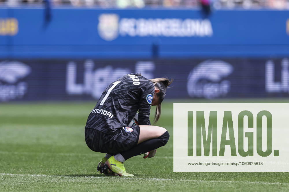 Lola Gallardo of Atletico de Madrid laments after the defeat during the Spanish Women league, Liga F, football match played between FC Barcelona, Barca and Atletico de Madrid at Johan Cruyff Stadium on April 13, 2025 in Sant Joan Despi, Spain. Sant Joan Despi Spain - ZUMAa181 20250413_zaa_a181_093