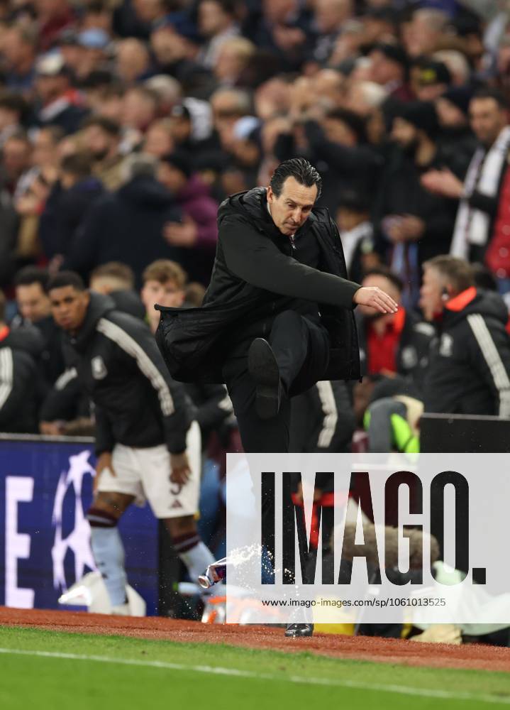 Unai Emery Manager of Aston Villa kicks a water bottle. Aston Villa v Paris Saint-Germain, UEFA Champions League, Quarter-Finals, 2nd Leg, Football, Villa Park, Birmingham, UK - 15 Apr 2025