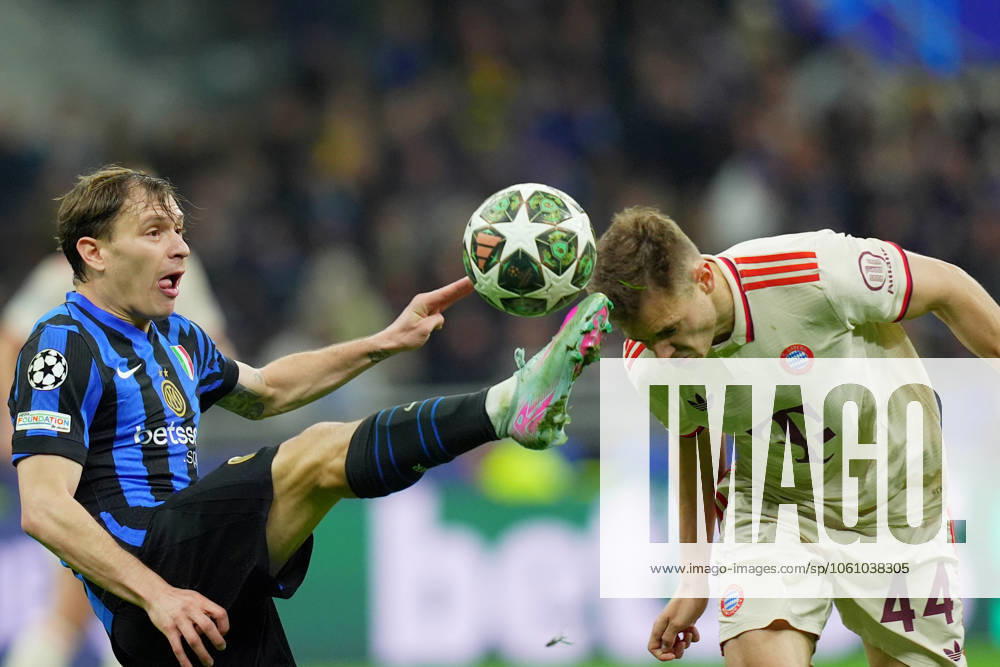 Inter MilanÕs Nicolo Barella fights for the ball with BayernÕs Josip Stanisic during the Uefa Champions League soccer match between Inter and Bayern Munich at San Siro Stadium in Milan , North Italy - , Wednesday April 16, 2025 . - Soccer