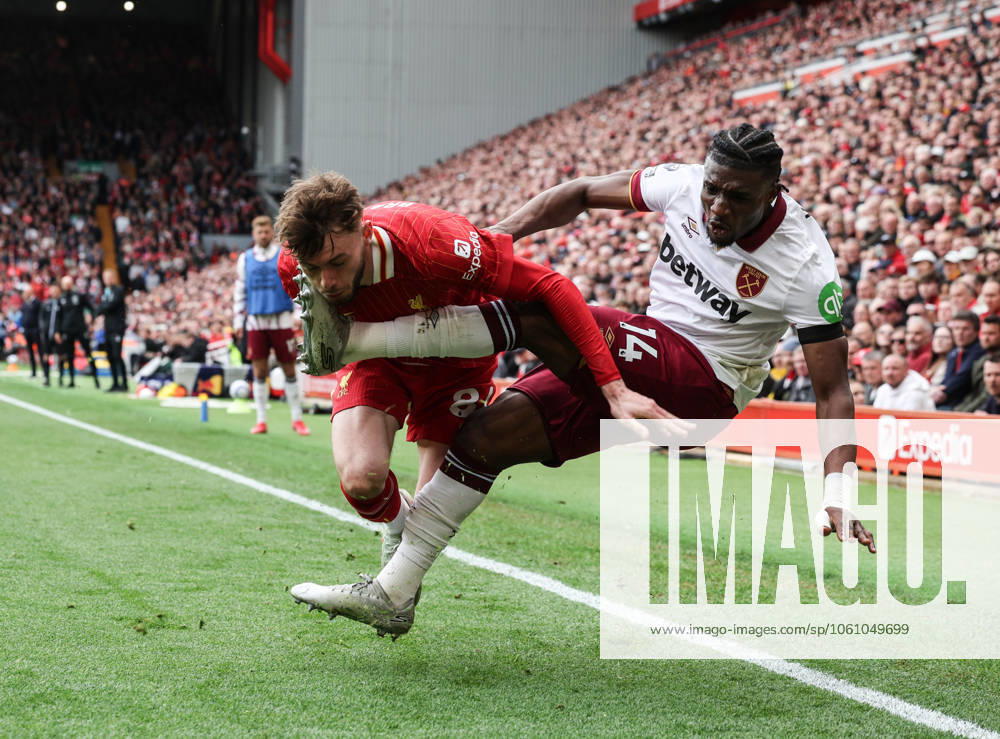 Liverpool v West Ham United Premier League 13.04.2025. Liverpool v West Ham United, Premier League, Anfield, Liverpool. Conor Bradley and Mohammed Kudus.