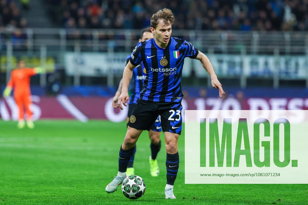 Nicolo Barella of FC Internazionale seen in action during UEFA Champions League 2024 25 Quarter Final - 2nd leg football match between FC Internazionale and FC Bayern Munchen at San Siro Stadium Milan Italy on 16 April 2025. Milan Stadio Giuseppe Meazza Milan Italy