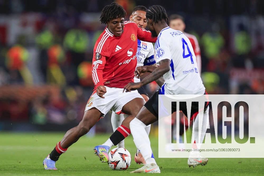 Manchester United, ManU v Olympique Lyonnais Europa League 17 04 2025. Quarter Final leg 2 of 2 Patrick Dorgu (13) of Manchester United tries to get past Paul Akouokou (4) of Olympique Lyonnais during the Europa League quarter final second leg match between Manchester United and Olympique Lyonnais at Old Trafford, Manchester, England on 17 April 2025. Manchester Old Trafford Greater Manchester England Editorial use only ,