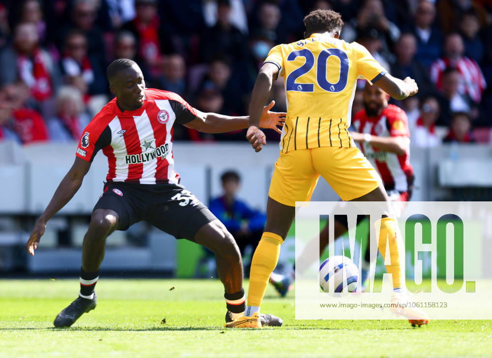 Brentford v Brighton and Hove Albionl, English Premier League, The Gtech Community Stadim, Football, London, UK - 19 Apr 2025 Carlos Baleba of Brighton and Hove Albion slips past Michael Kayode of Brentford London The Gtech Community Stadium London GBR, UK NEWSPAPERS OUT