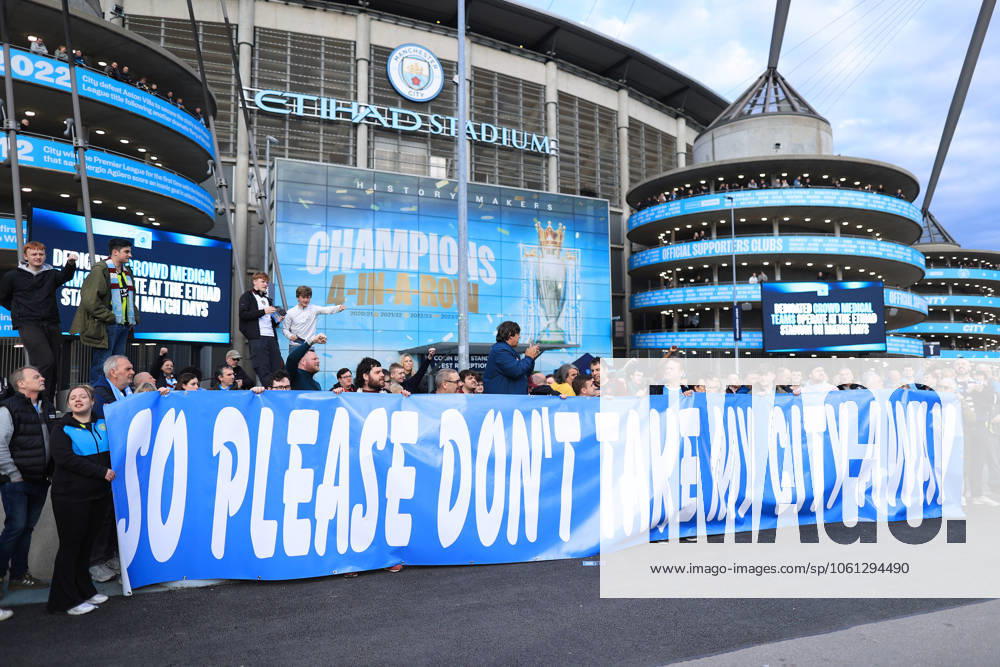 Football - Premier League - Manchester City v Aston Villa 22nd April 2025 - Premier League - Manchester City v Aston Villa - Manchester City fans hold a protest against rising ticket prices before the match - Photo: Simon Stacpoole Offside. Manchester UK