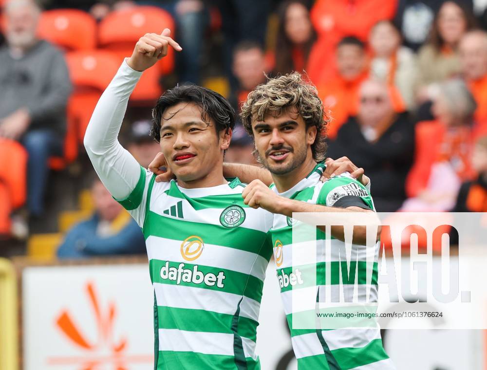 Celtic s Jota, right celebrates scoring 1st goal with Celtic s Reo Hatate. Dundee United v Celtic, William Hill Premiership, Football, Tannadice Park, Dundee, Scotland, UK - 26 Apr 2025