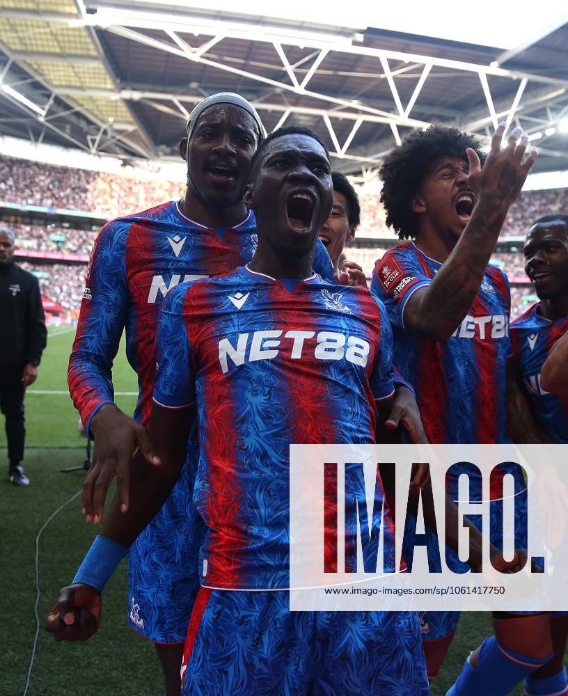 . - Crystal Palace v Aston Villa, Emirates FA Cup, Semi Final, Wembley Stadium, London, England. - 26th April 2025. (C) Daniel Weir Crystal Pix GOAL Ismaila Sarr of Crystal Palace goal celebration with Jean-Philippe Mateta & Chris Richards of Crystal Palace after scoring to put Crystal Palace 2-0 ahead. - Crystal Palace v Aston Villa, Emirates FA Cup, Semi Final, Wembley Stadium, London, England. - 26th April 2025. (C) Daniel Weir Crystal Pix London Wembley Stadium United Kingdom