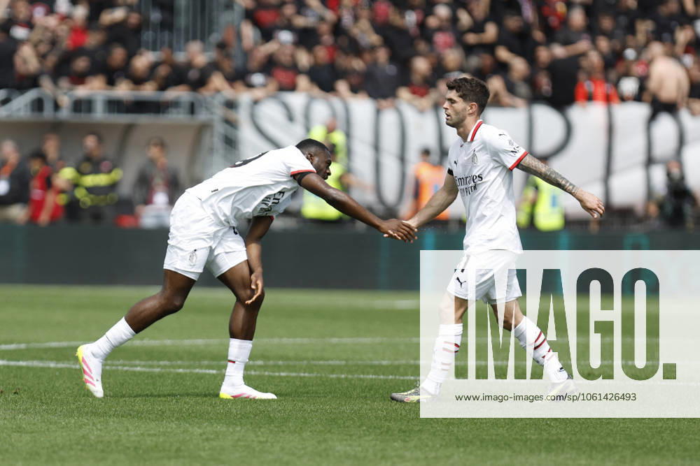 CALCIO - Serie A - Venezia FC vs AC Milan AC Milan s YOUSSOUF FOFANA and AC Milan s CHRISTIAN PULISIC during the Italian Serie A Enilive soccer championship football match between Venezia FC and AC Milan at Pierluigi Penzo Stadium on April 27th, 2025, Venezia, Italy during Venezia FC vs AC Milan, Italian soccer Serie A match in Venice, Italy, April 27 2025 Venice Italy