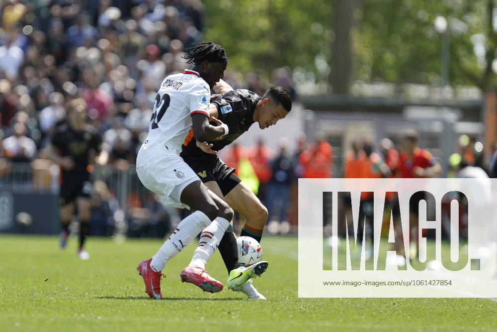 CALCIO - Serie A - Venezia FC vs AC Milan AC Milan s TOMMY ABRAHAM in action against Venezia s JAY IDZES during the Italian Serie A Enilive soccer championship football match between Venezia FC and AC Milan at Pierluigi Penzo Stadium on April 27th, 2025, Venezia, Italy during Venezia FC vs AC Milan, Italian soccer Serie A match in Venice, Italy, April 27 2025 Venice Italy