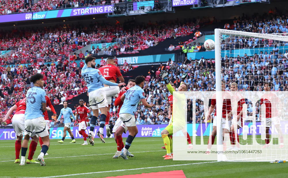 Josko Gvardiol (MC) scoring the second City goal (0-2) at the Emirates FA Cup Semi-Final Nottingham Forest v Manchester City match at Wembley Stadium, London, UK on 27th April 2025.