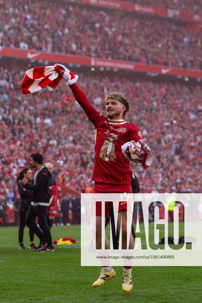 Liverpool FC v Tottenham Hotspur FC - Premier League Liverpool s Harvey Elliott is seen during the celebrations after the Premier League match between Liverpool and Tottenham Hotspur at Anfield in Liverpool, England, on April 27, 2025. Liverpool Merseyside United Kingdom