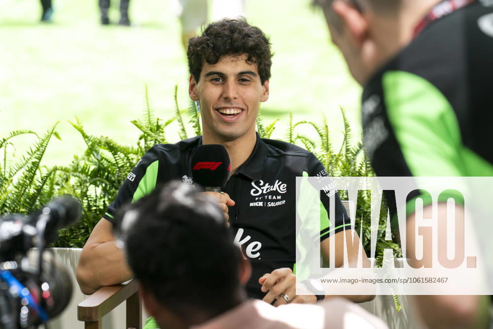 Brazilian Formula One driver Gabriel Bortoleto of Stake F1 Team is interviewed in the paddock during the Formula One Miami Grand Prix at the Miami International Autodrome in Miami Gardens, Florida on Thursday, May 1, 2025. MIA2025050106 GREGxNASH