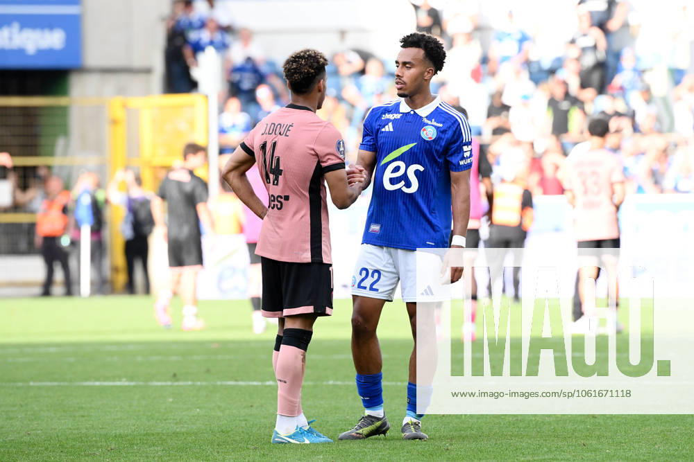 RC Strasbourg Alsace v Paris Saint-Germain - Ligue 1 McDonald s 2024 2025 22 Guela DOUE (rcsa) - 14 Desire DOUE (psg) during the Ligue 1 McDonald s match between Strasbourg and Paris at Stade de la Meinau on May 3, 2025 in Strasbourg, France. Strasbourg France