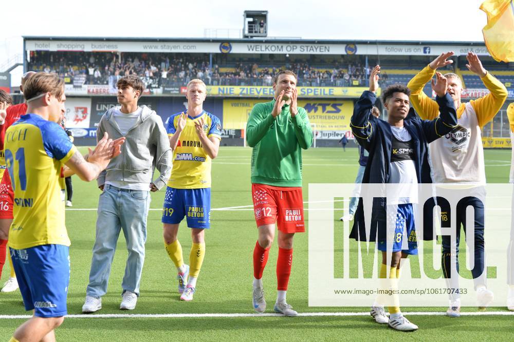 STVV s players celebrate after winning a soccer match between Sint-Truidense VV and K. Beerschot V.A., Sunday 04 May 2025 in Sint-Truiden, on day 5 (out of 6) of the Relegation Play-offs of the 2024-2025 Jupiler Pro League first division of the Belgian championship. JILLxDELSAUX x122660707x