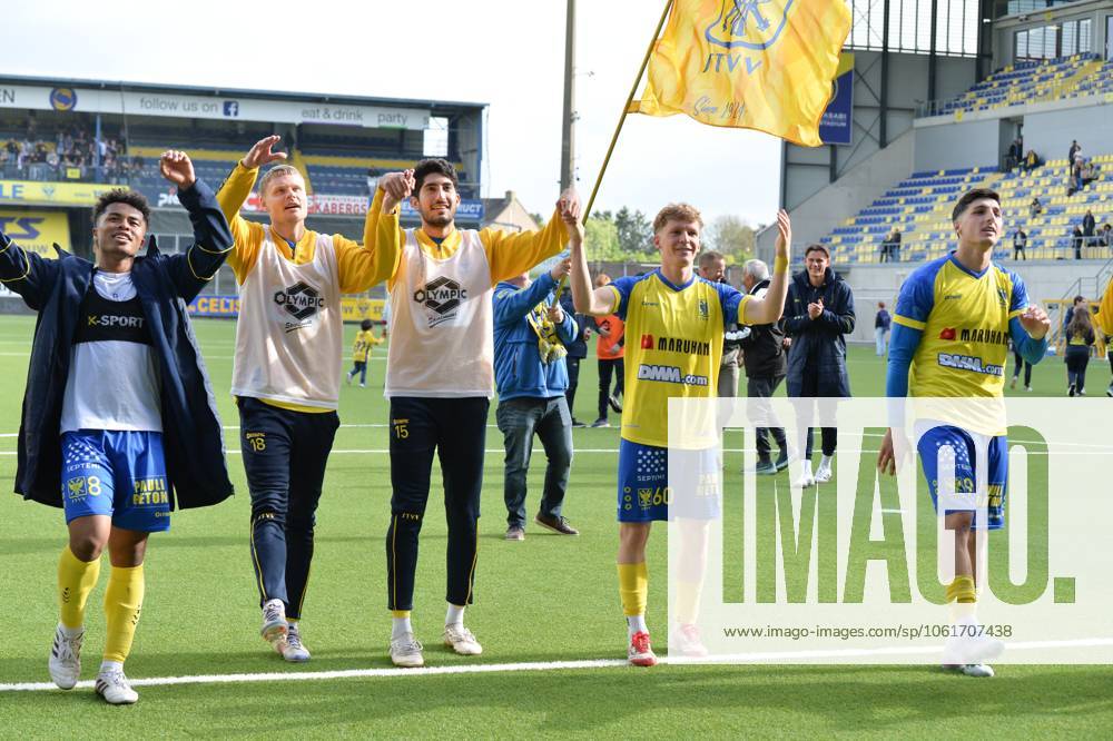 STVV s players celebrate after winning a soccer match between Sint-Truidense VV and K. Beerschot V.A., Sunday 04 May 2025 in Sint-Truiden, on day 5 (out of 6) of the Relegation Play-offs of the 2024-2025 Jupiler Pro League first division of the Belgian championship. JILLxDELSAUX x122660725x