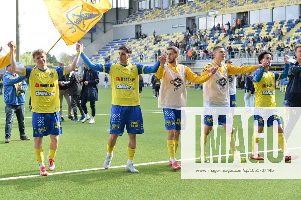 STVV s players celebrate after winning a soccer match between Sint-Truidense VV and K. Beerschot V.A., Sunday 04 May 2025 in Sint-Truiden, on day 5 (out of 6) of the Relegation Play-offs of the 2024-2025 Jupiler Pro League first division of the Belgian championship. JILLxDELSAUX x122660738x