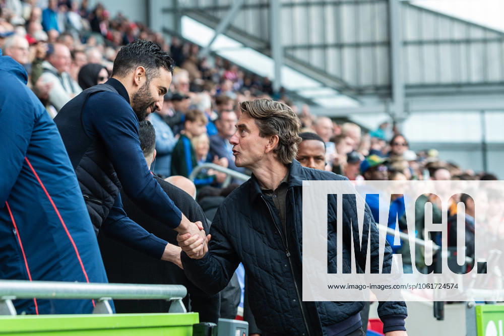 Ruben Amorim, Manager of Manchester United, ManU (left) shares a handshake with Thomas Frank, manager of Brentford before the Premier League match between Brentford and Manchester United at the Brentford Community Stadium, Brentford, England on 4 May 2025.