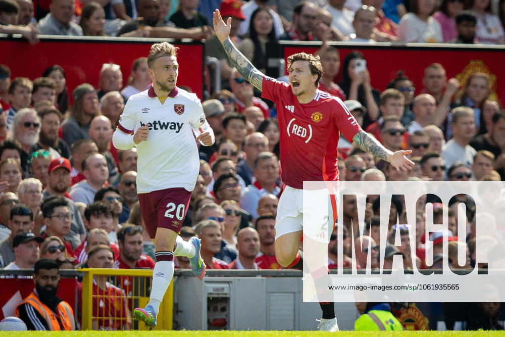 Manchester United, ManU FC v West Ham United FC Jarrod Bowen (20) of West Ham United looks on at Victor Lindelöf (2) of Manchester United who protests during the Manchester United FC v West Ham United FC English Premier League match at Old Trafford, Manchester, England, United Kingdom on 11 May 2025 Credit: Ian Stephen Every Second Media Editorial use only. All images are copyright Every Second Media Limited. No images may be reproduced without prior permission. All rights reserved. Premier League and Football League images are subject to licensing agreements with Football DataCo Limited. see https: www.football-dataco.com