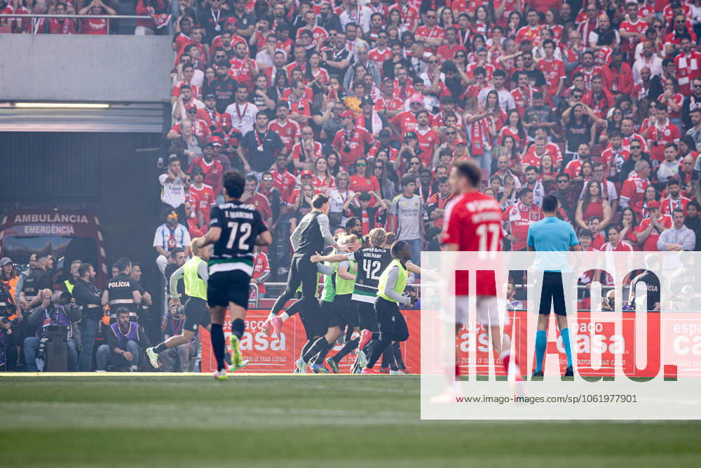 SL Benfica Vs Sporting CP in Lisboa, Portugal - 10 May 2025 Francisco Trincao of Sporting CP celebrates a goal during the Liga Portugal Betclic match between Lisboa Benfica and Sporting Clube de Portugal at Estádio da Luz. (Final score: SL Benfica 1 - 1 Sporting CP). Lisboa Portugal