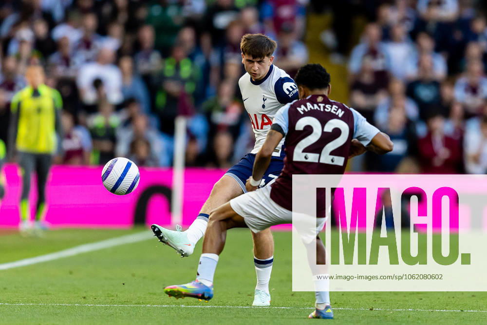 Aston Villa v Tottenham Hotspur Premier League 16 05 2025. Tottenham Hotspur forward Mikey Moore (47) plays a pass during the Premier League match between Aston Villa and Tottenham Hotspur at Villa Park, Birmingham, England on 16 May 2025. Birmingham Villa Park West Midlands England Editorial use only DataCo restrictions apply See www.football-dataco.com ,