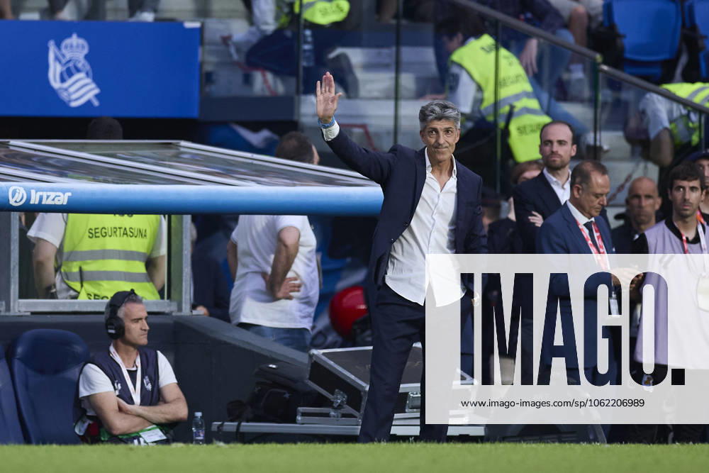 Real Sociead v Girona FC - LaLiga EA Sports Imanol Alguacil head coach of Real Sociedad reacts during the LaLiga EA Sports match between Real Sociedad and Girona FC at Reale Arena on May 18, 2025, in San Sebastian, Spain. San Sebastian Reale Arena Basque Country Spain RL_RSOvGFC_000062