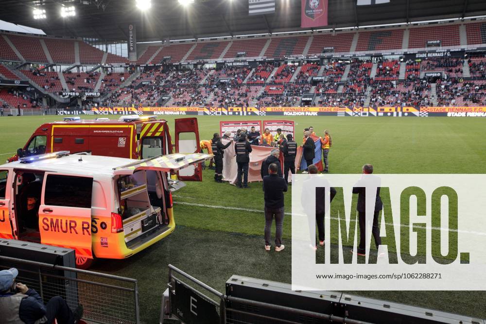 After his cardiac arrest, ambulances come to pick up Samuel Nibombé of AS Monaco during the Challenge Espoirs 2025, Final football match between Stade Rennais and AS Monaco on 21 May 2025 at Roazhon Park in Rennes, France - Photo Julien Kammerer PsnewZ