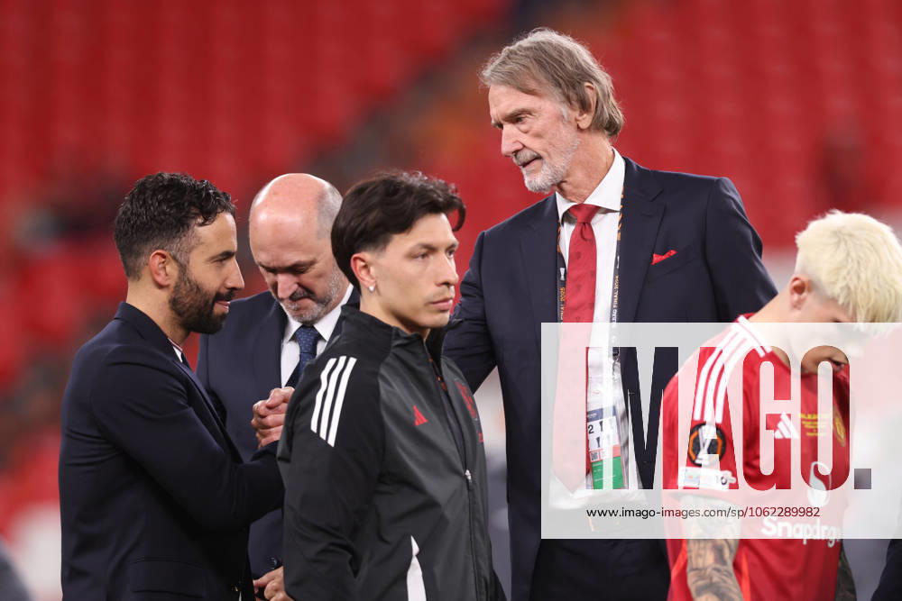 Bilbao, Spain, 21st May 2025. Ruben Amorim manager of Manchester United, ManU shakes hands with Jim Ratcliffe, CEO of INEOS during the Tottenham Hotspur vs Manchester United UEFA Europa League Final match at San Mames, Bilbao. Picture credit should read: David Klein Sportimage . SPI_328_DK_Tottenham_Man_Utd SPI-3943-0355