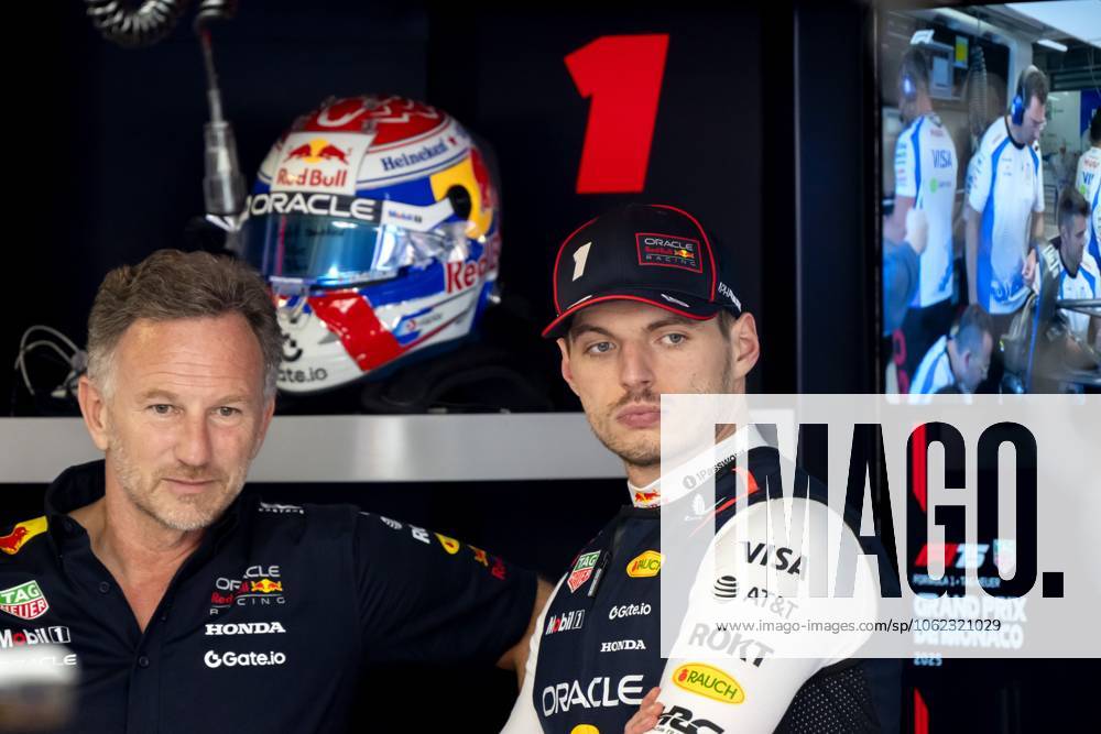 MONACO - Team boss Christian Horner and Max Verstappen (Red Bull Racing) at the Circuit de Monaco prior to the second free practice session ahead of the Monaco Grand Prix. ANP SANDER KING ANPxSportx IVx 528416695 originalFilename: 528416695