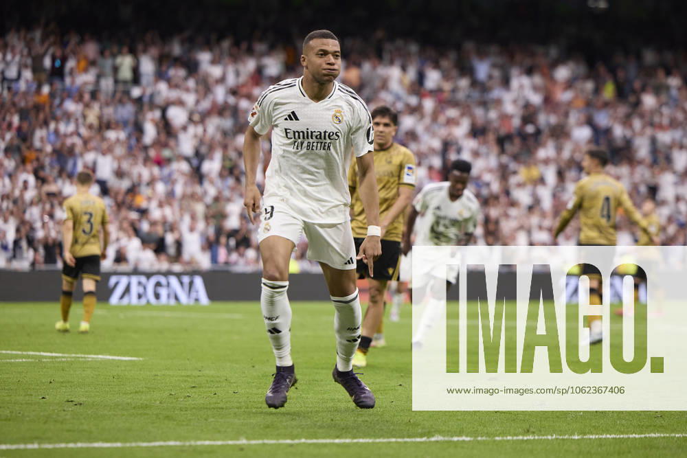 Kylian Mbappe (Real Madrid CF) celebrates after scoring his team˜s second goal during the LaLiga match between Real Madrid and Real Sociedad at Santiago Bernabà u on May 24, 2025 in Madrid, Spain. (Photo by Manu Reino DeFodi Images)