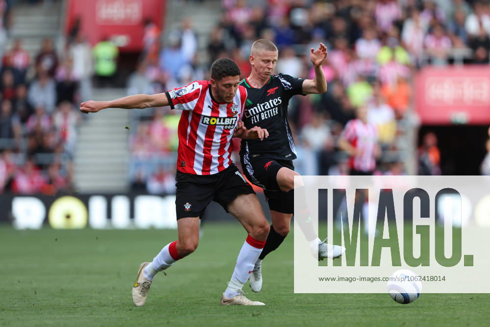 Football - 2024 2025 Premier League - Southampton vs Arsenal - St Marys Stadium - Sunday 25th May 2025 Ross Stewart of Southampton and Oleksandr Zinchenko of Arsenal in action during the Premier League match at St Marys Stadium COLORSPORT Shaun Boggust
