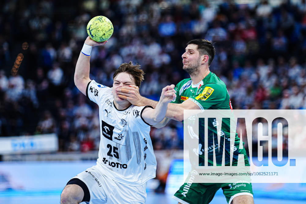 Linus Kutz (THW Kiel, 25), Marko Mamic (SC DHfK Leipzig, 14) GER, THW Kiel vs. SC DHfK Leipzig, Handball, Bundesliga, Spieltag, 31, Saison 2024 2025, 28.05.2025 GER, THW Kiel vs. SC DHfK Leipzig, Handball, Bundesliga, Spieltag, 31, Saison 2024 2025, 28.05.2025 Kiel
