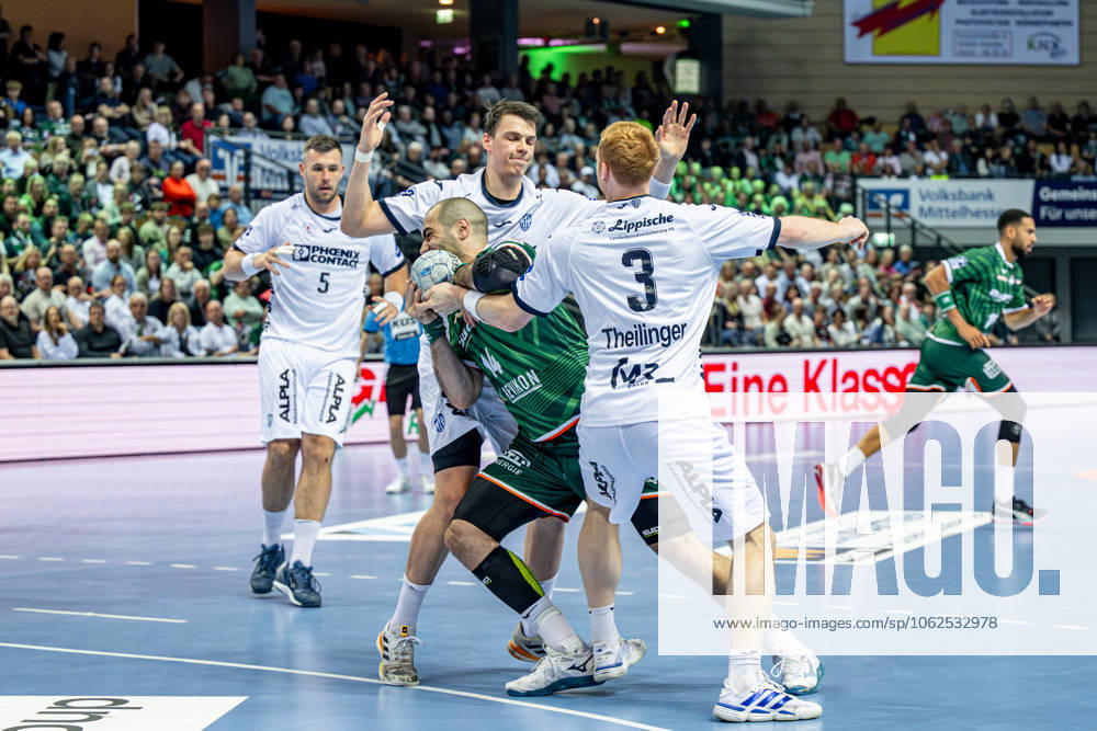 Handball Bundesliga; HSG Wetzlar - TBV Lemgo Lippe, 28.05.25 Vladimir Vranjes (HSG Wetzlar, 14), Frederik Simak (TBV Lemgo Lippe, 8), Nicolai Theilinger (TBV Lemgo Lippe, 3), Jan Brosch (TBV Lemgo Lippe, 5) Handball Bundesliga; HSG Wetzlar - TBV Lemgo Lippe: Wetzlar, 28.05.25