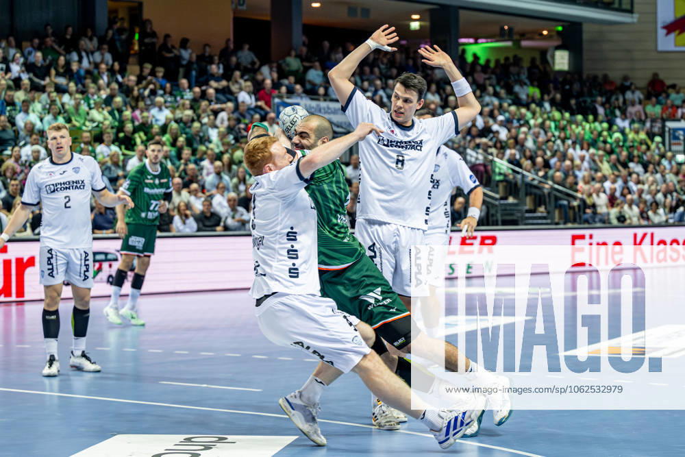 Handball Bundesliga; HSG Wetzlar - TBV Lemgo Lippe, 28.05.25 Vladimir Vranjes (HSG Wetzlar, 14), Frederik Simak (TBV Lemgo Lippe, 8), Nicolai Theilinger (TBV Lemgo Lippe, 3), Jan Brosch (TBV Lemgo Lippe, 5) Handball Bundesliga; HSG Wetzlar - TBV Lemgo Lippe: Wetzlar, 28.05.25