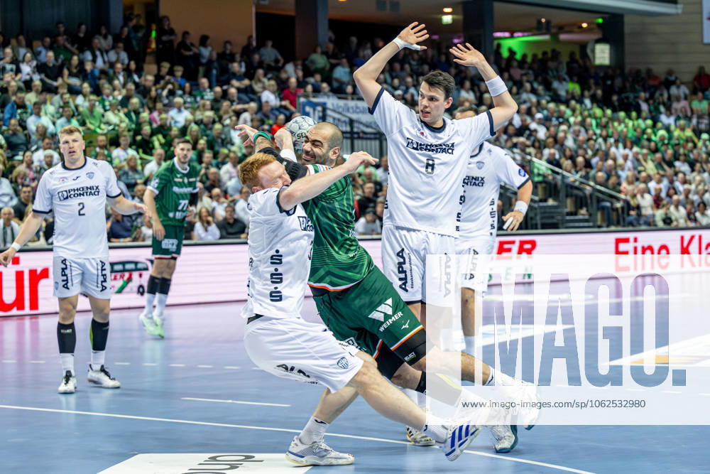 Handball Bundesliga; HSG Wetzlar - TBV Lemgo Lippe, 28.05.25 Vladimir Vranjes (HSG Wetzlar, 14), Frederik Simak (TBV Lemgo Lippe, 8), Nicolai Theilinger (TBV Lemgo Lippe, 3), Jan Brosch (TBV Lemgo Lippe, 5) Handball Bundesliga; HSG Wetzlar - TBV Lemgo Lippe: Wetzlar, 28.05.25