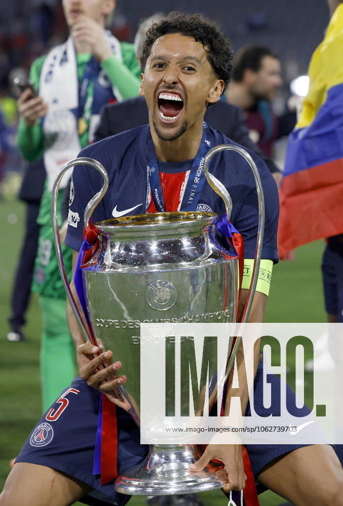 Paris Saint-Germain v FC Internazionale Milano - UEFA Champions League Final 2025 Marquinhos of Paris Saint-Germain celebrates with the Champions League trophy after the UEFA Champions League Final 2025 between Paris Saint-Germain and FC Internazionale Milano at Munich Football Arena on May 31, 2025 in Munich, Germany. Munich Munich Football Arena Germany Germany