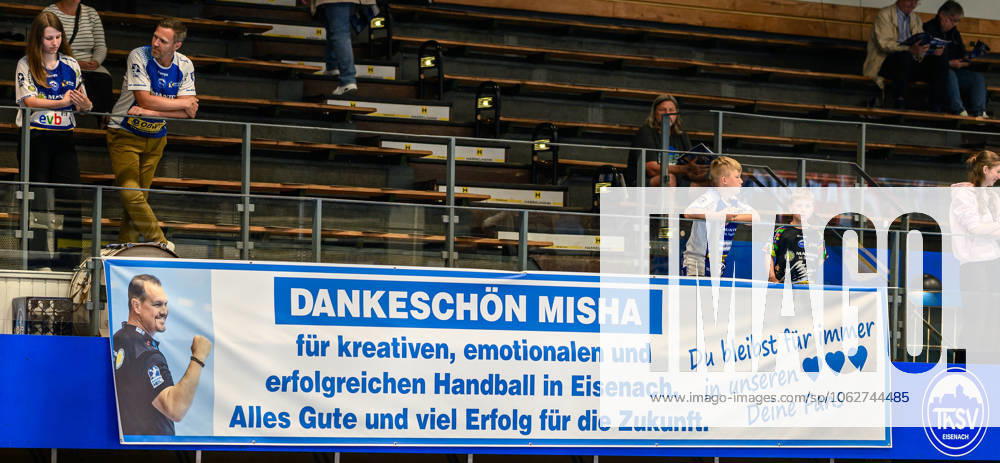 Banner zum Abschied an den Trainer aus Eisenach Misha Kaufmann (Trainer, ThSV Eisenach). GER, ThSV Eisenach gegen 1 VfL Potsdam, Handball, 1. Bundesliga, 33.Spieltag, Saison 2024 2025, 04.06.2025 GER, ThSV Eisenach gegen 1 VfL Potsdam, Handball, 1. Bundesliga, 33.Spieltag, Saison 2024 2025, 04.06.2025 Eisenach