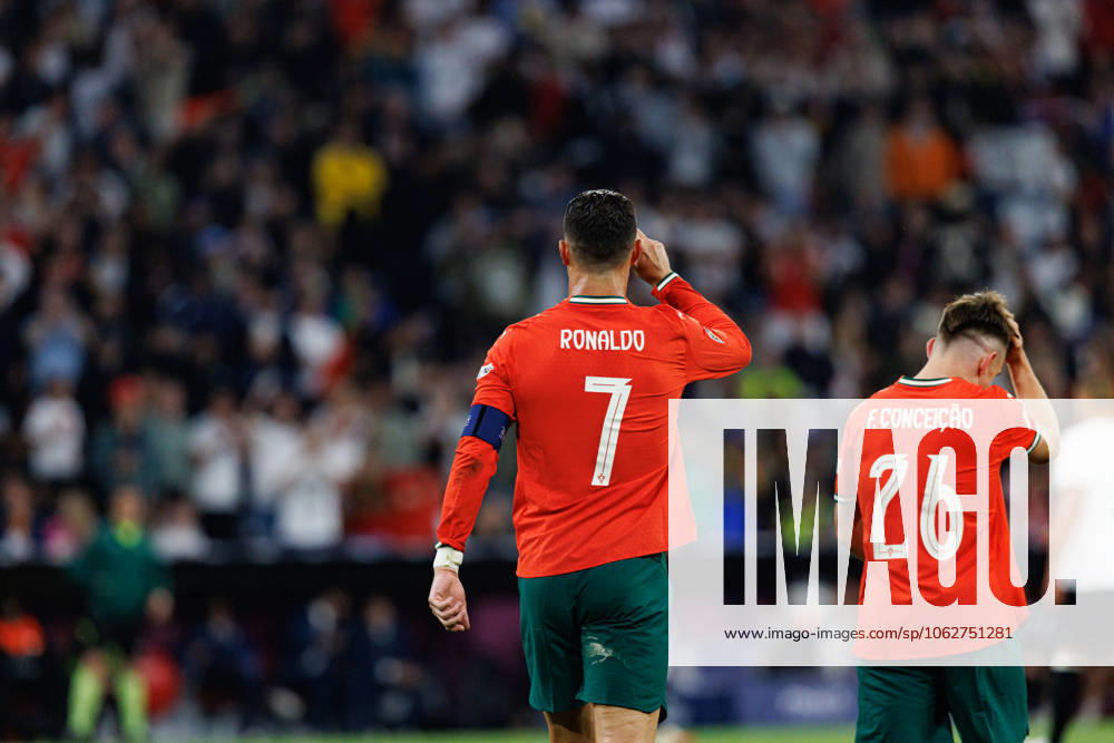Cristiano Ronaldo seen celebrating after scoring goal during official training before UEFA Nations League 2025 semifinal game between national teams of Germany and Portugal (Maciej Rogowski) Munich Allianz Arena Germany