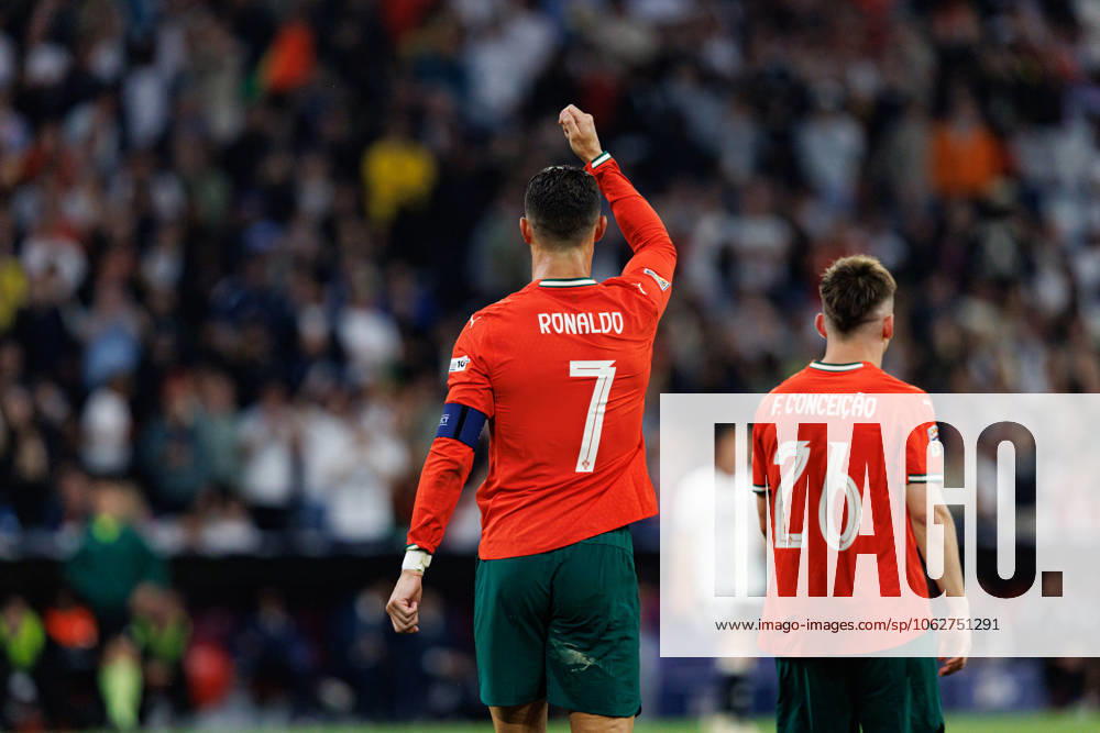 Cristiano Ronaldo seen celebrating after scoring goal during official training before UEFA Nations League 2025 semifinal game between national teams of Germany and Portugal (Maciej Rogowski) Munich Allianz Arena Germany