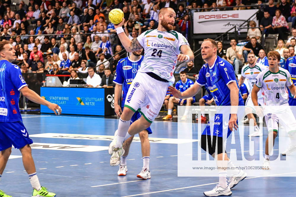 TVB Stuttgart - SC DHfK Leipzig; Stuttgart, 08.06.2025 Moritz Preuss (Leipzig 24) kommt zum Wurf ; Stuttgart, 08.06.2025 - 34. Spieltag der Handball-Bundesliga, TVB Stuttgart - SC DHfK Leipzig, Porsche-Arena, Stuttgart.