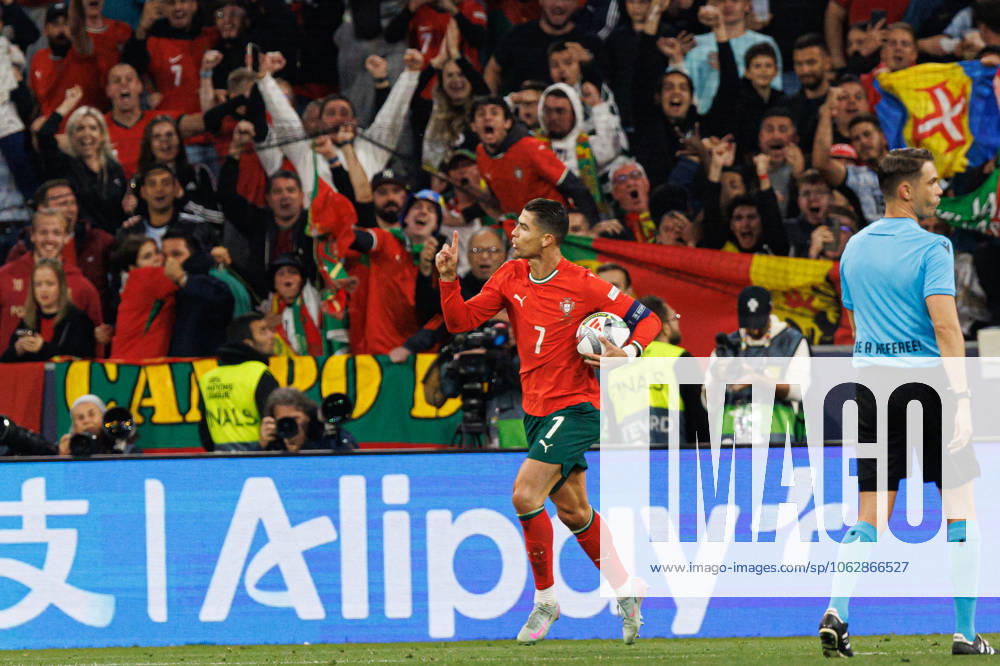 Cristiano Ronaldo seen celebrating after scoring goal during UEFA Nations League 2025 final game between national teams of Portugal and Spain (Maciej Rogowski) Munich Allianz Arena Germany