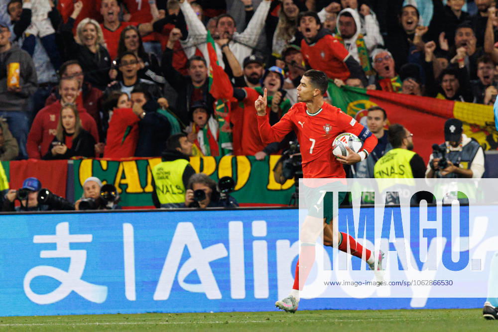 Cristiano Ronaldo seen celebrating after scoring goal during UEFA Nations League 2025 final game between national teams of Portugal and Spain (Maciej Rogowski) Munich Allianz Arena Germany