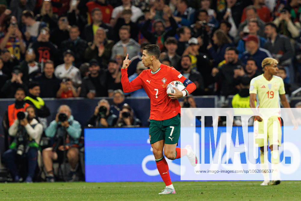 Cristiano Ronaldo seen celebrating after scoring goal during UEFA Nations League 2025 final game between national teams of Portugal and Spain (Maciej Rogowski) Munich Allianz Arena Germany