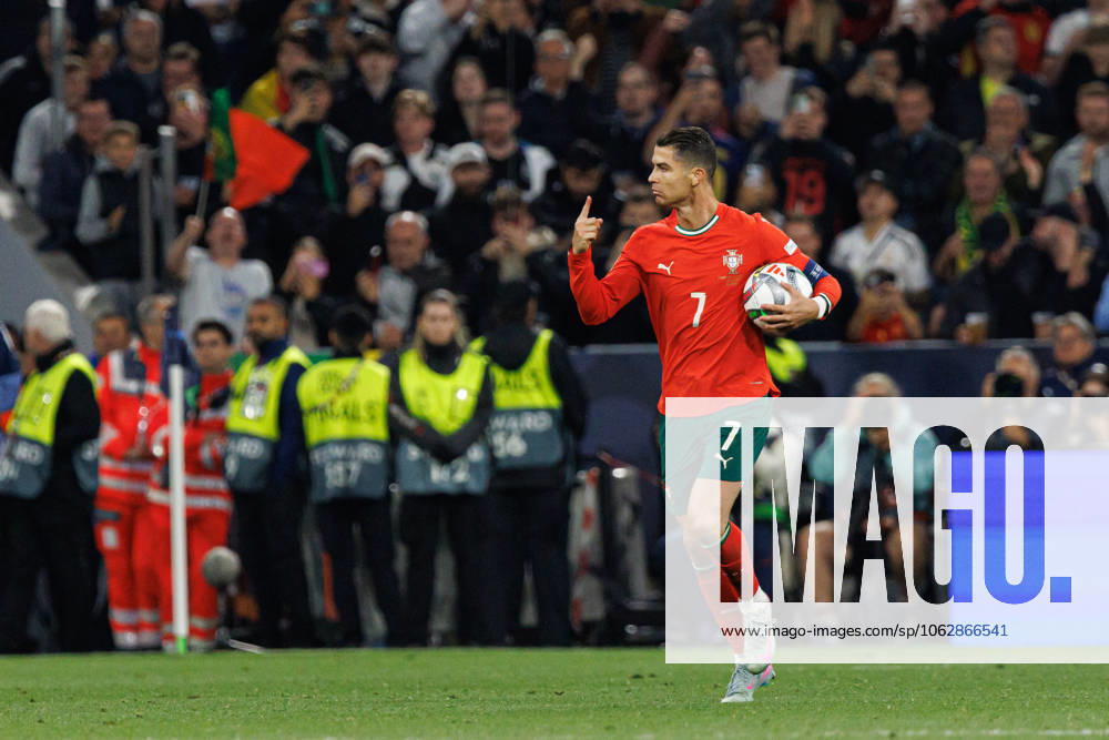 Cristiano Ronaldo seen celebrating after scoring goal during UEFA Nations League 2025 final game between national teams of Portugal and Spain (Maciej Rogowski) Munich Allianz Arena Germany