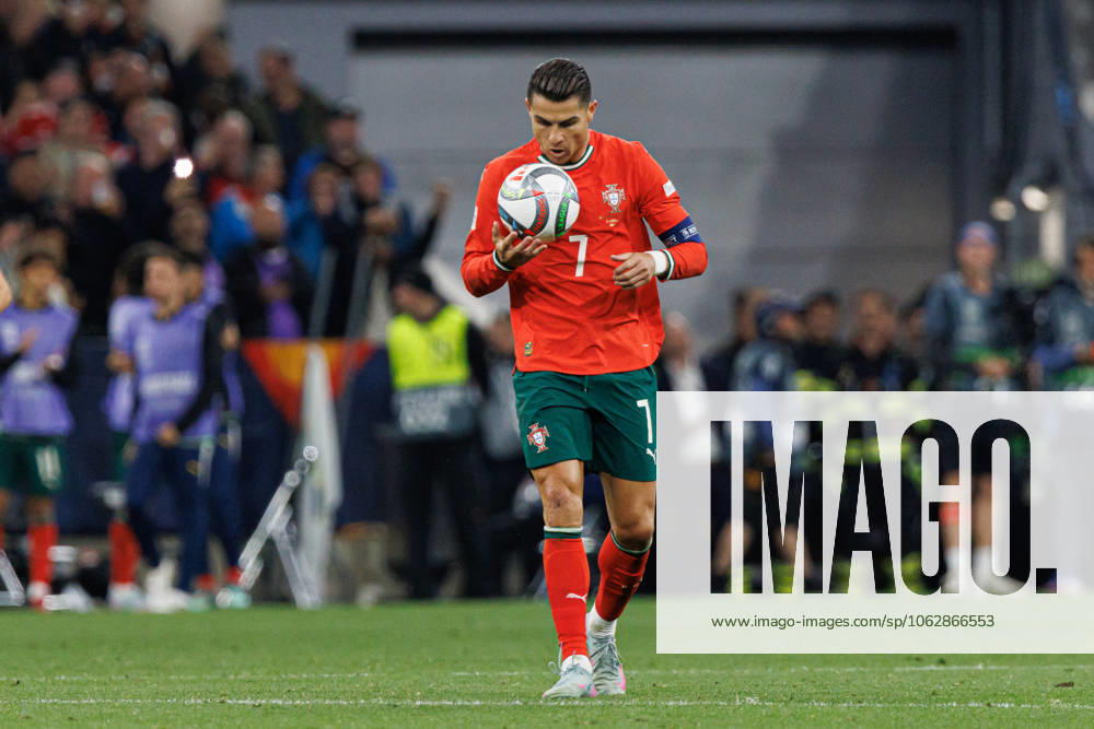 Cristiano Ronaldo seen celebrating after scoring goal during UEFA Nations League 2025 final game between national teams of Portugal and Spain (Maciej Rogowski) Munich Allianz Arena Germany