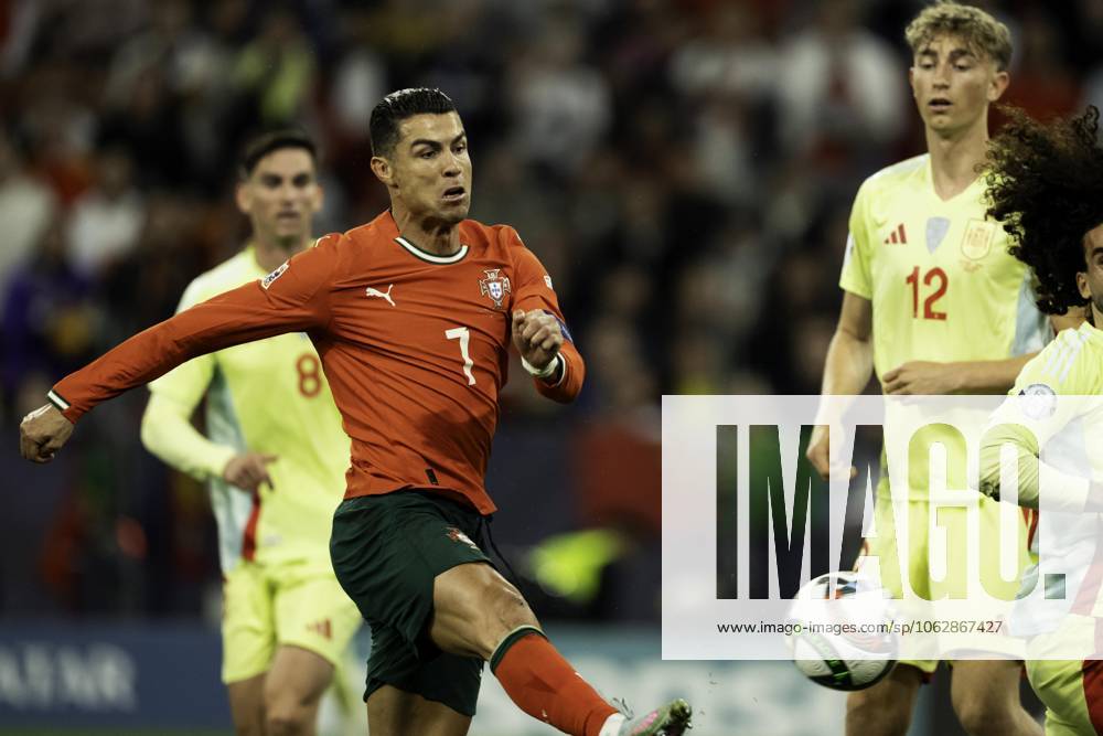 UEFA Nations League Final: Portugal vs Spain Cristiano Ronaldo of Portugal scores during the UEFA Nations League final against Spain at Allianz Arena in Munich.